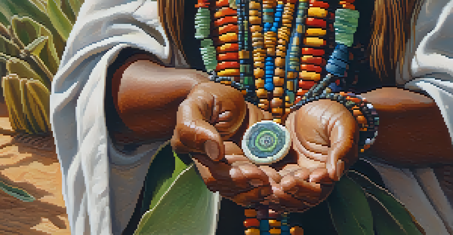 A close-up of an Indigenous healer holding a peyote button, surrounded by natural elements.