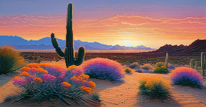 A peaceful desert scene with a silhouetted peyote cactus against a colorful sunset sky.