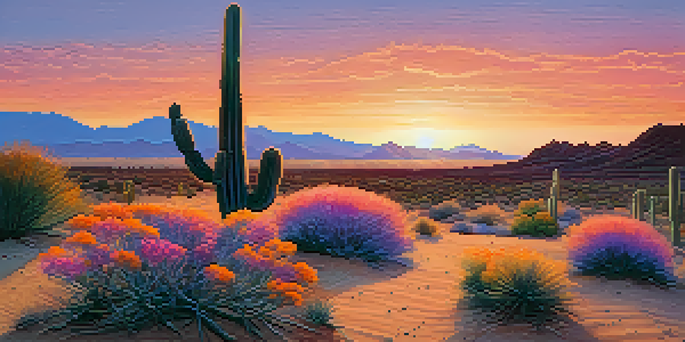 A peaceful desert scene with a silhouetted peyote cactus against a colorful sunset sky.
