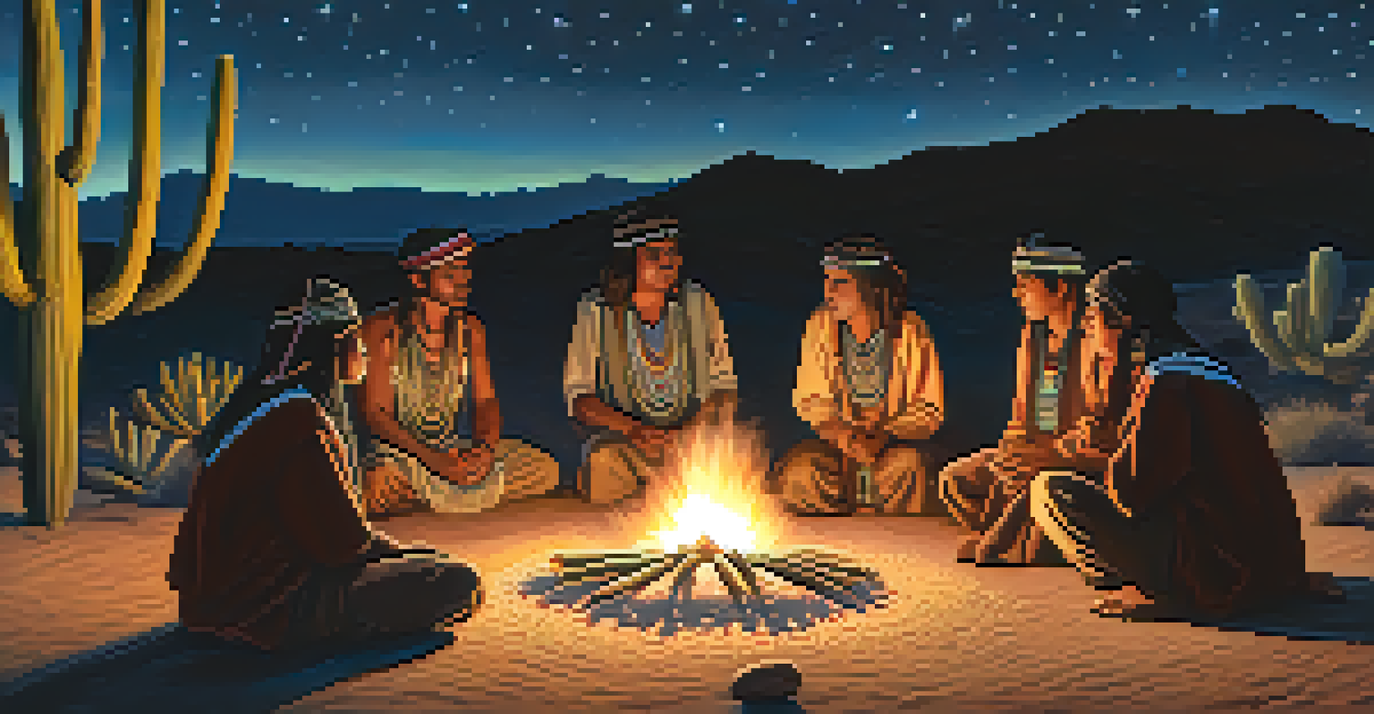 Indigenous people gathered around a ceremonial fire at night in the desert, with a starry sky and peyote cacti around them.