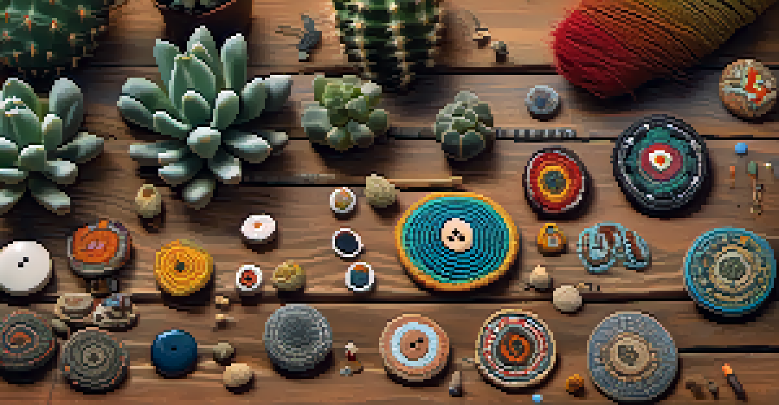 A flat lay of peyote buttons on a wooden surface, surrounded by colorful patterns and traditional ritual tools.