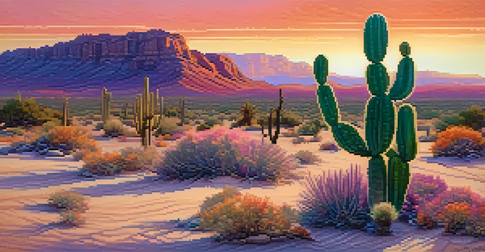 A tranquil desert scene at sunset with a detailed peyote cactus in the foreground and vibrant colors in the sky.