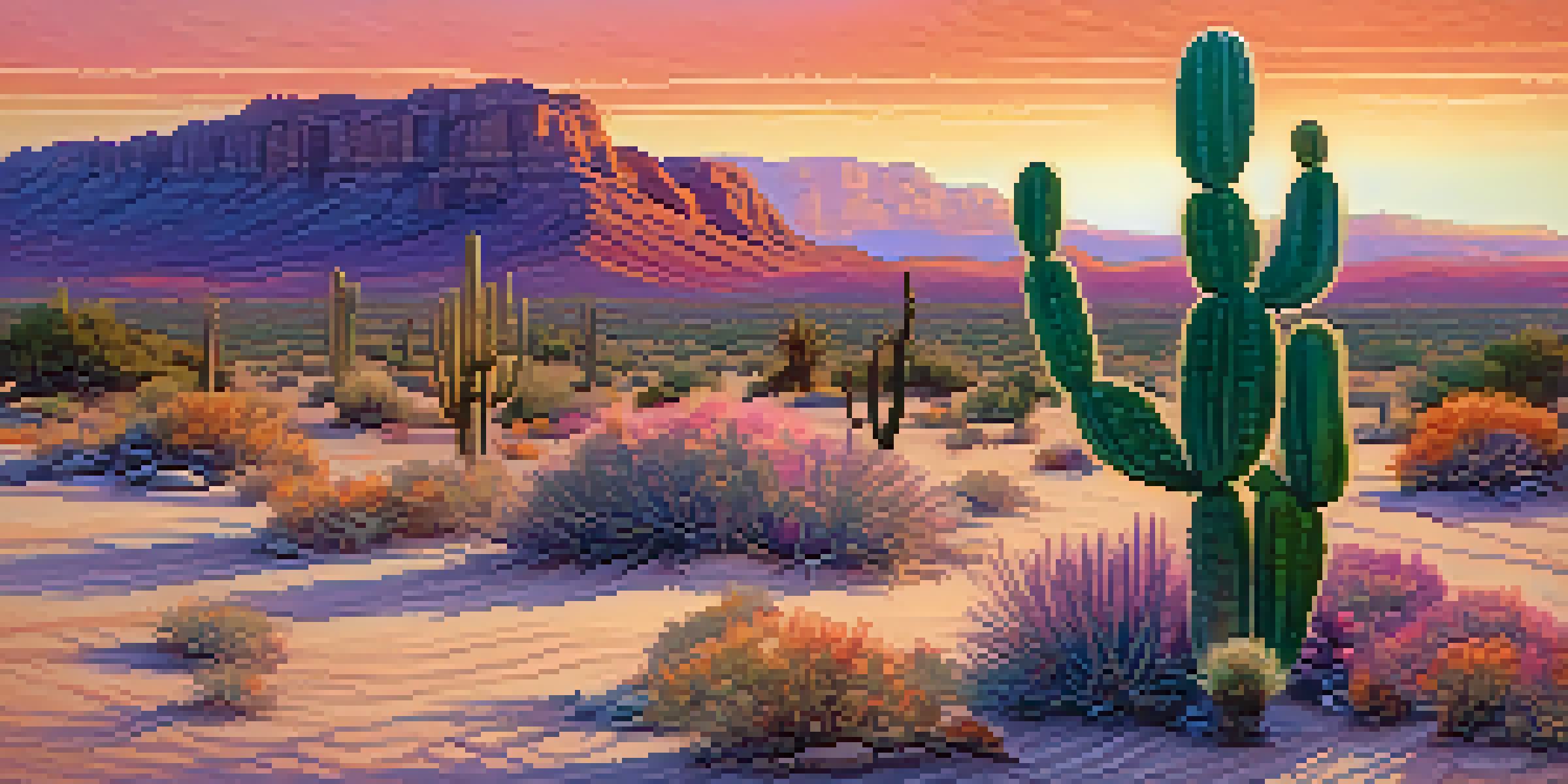 A tranquil desert scene at sunset with a detailed peyote cactus in the foreground and vibrant colors in the sky.