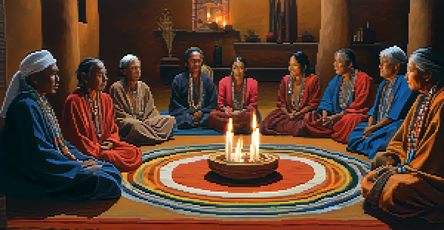 Participants in a peyote ceremony sitting in a circle, illuminated by candlelight.