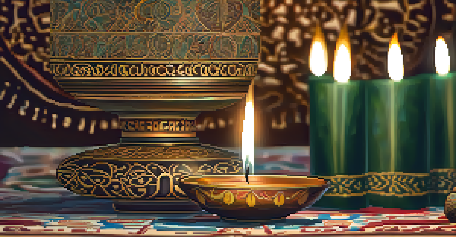 A close-up of a symbolic candle being lit during a cultural ceremony, surrounded by ceremonial objects and warm light.