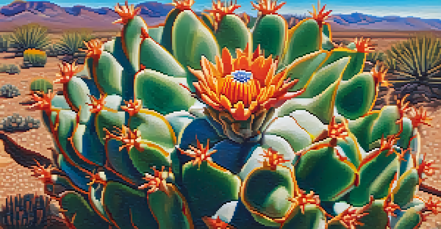 Close-up of a Peyote cactus with vibrant flowers, highlighting its intricate texture set against a blurred desert background.