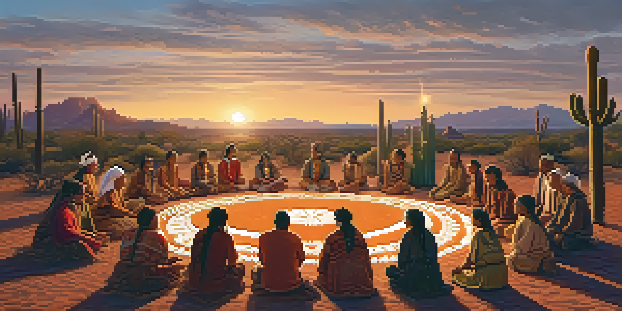 A group of Indigenous elders and youth participating in a sacred peyote ceremony at sunset, surrounded by cacti and desert plants.