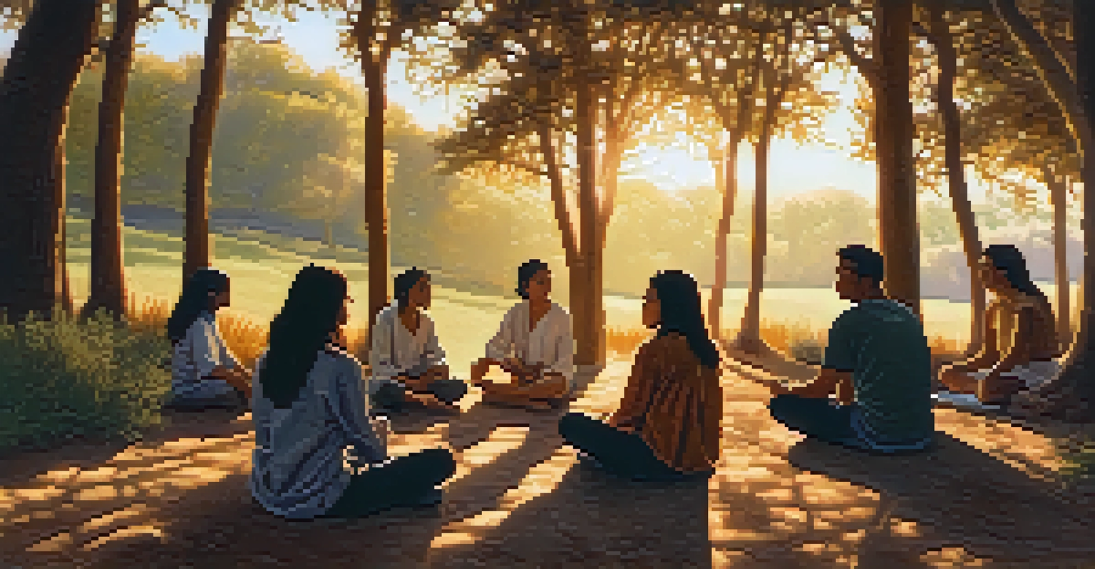 A group of people in a circle in nature, participating in a guided peyote experience with warm light around them.