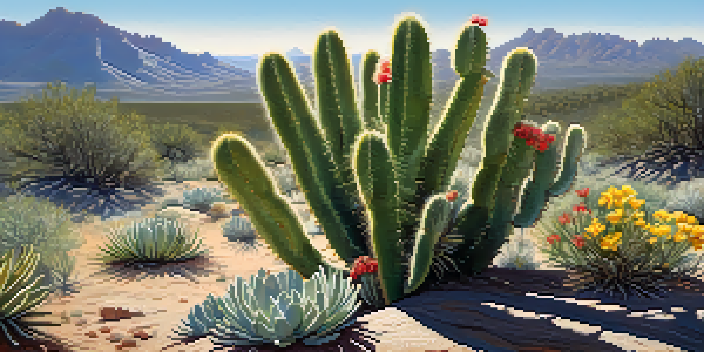 A peyote cactus surrounded by colorful wildflowers and sunlight filtering through trees, creating a peaceful natural scene.