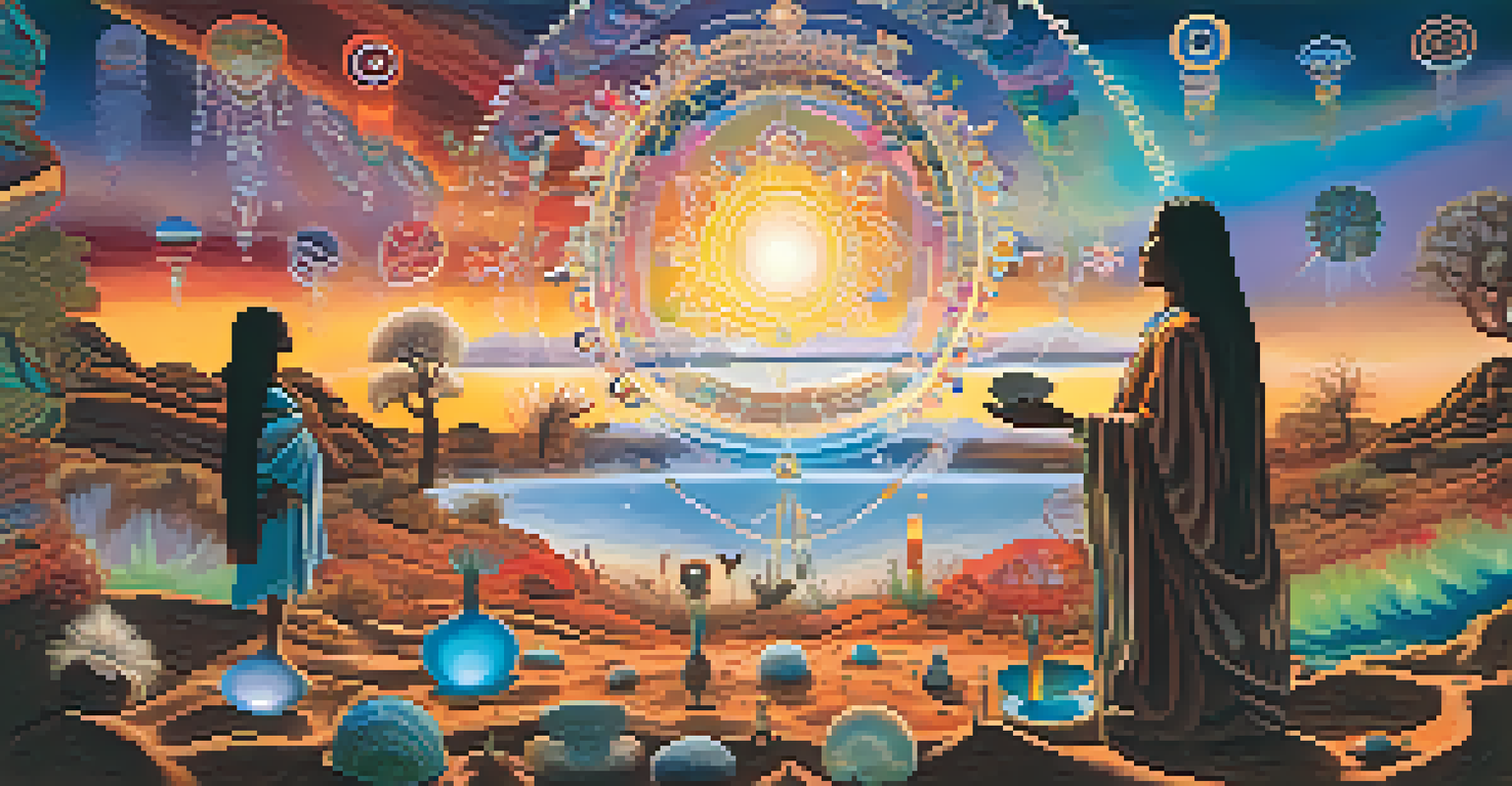 A dreamlike landscape featuring silhouettes of Native American figures in a peyote ceremony, surrounded by colorful swirling patterns and symbols of nature.