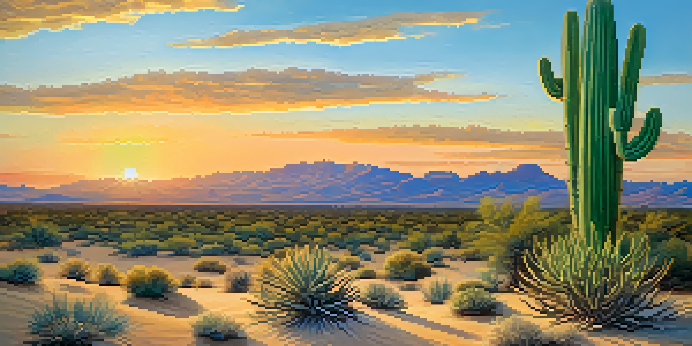A tranquil desert scene at sunset with a peyote cactus and golden sands.