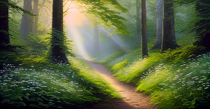 A peaceful forest with sunlight shining through the trees, highlighting a mossy path and colorful wildflowers.