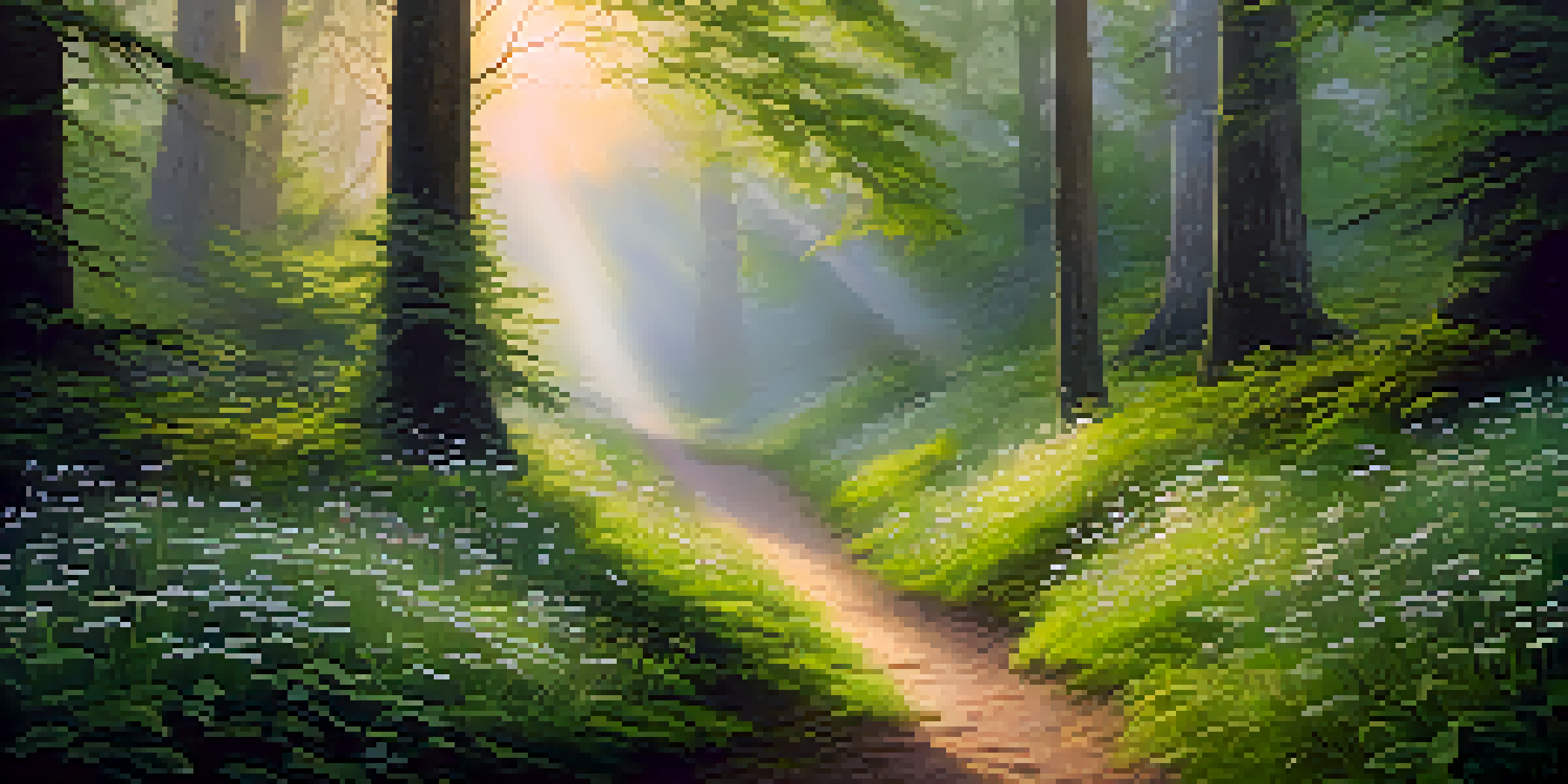 A peaceful forest with sunlight shining through the trees, highlighting a mossy path and colorful wildflowers.