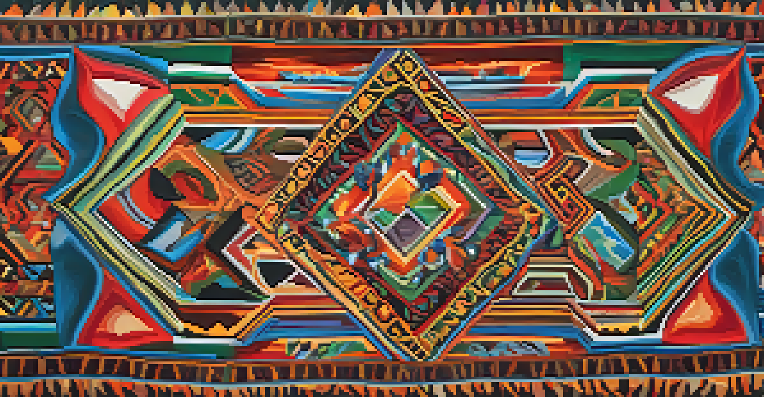 A detailed textile artwork showcasing peyote and its symbolism in Indigenous culture, filled with vibrant colors and patterns.