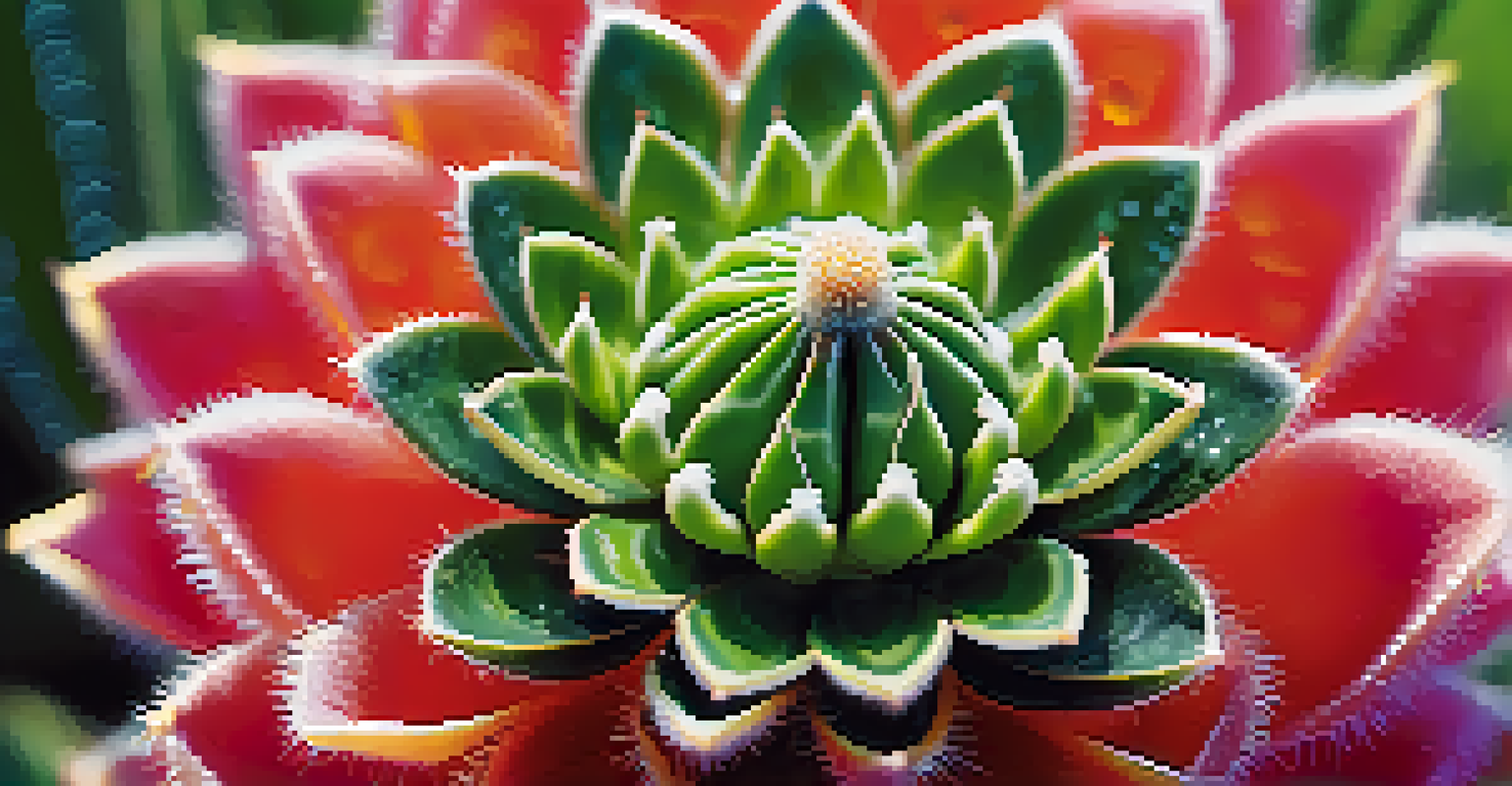 A detailed close-up of a peyote cactus illuminated by morning light with dew drops visible.