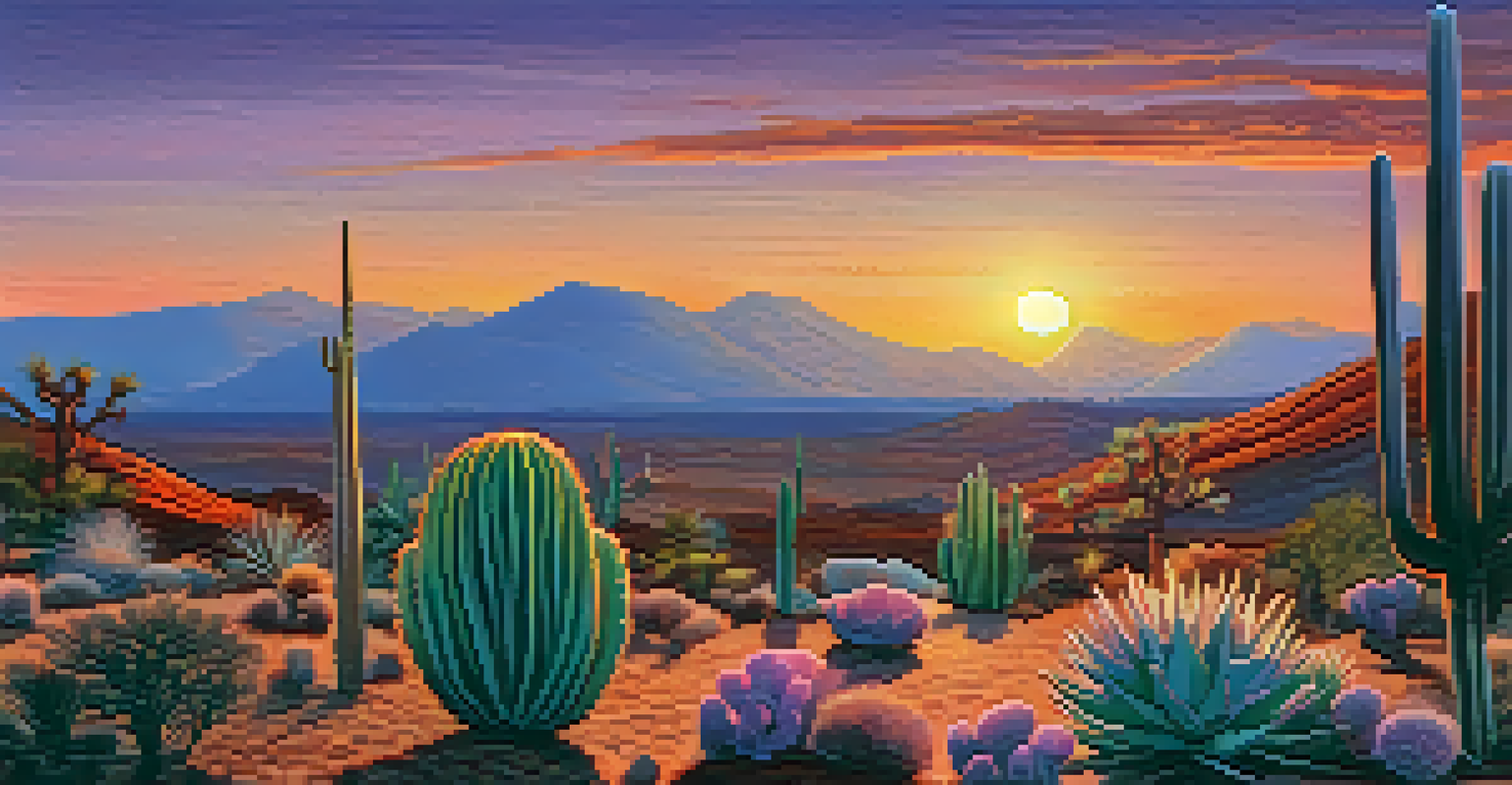 A picturesque view of peyote cacti in a desert landscape during sunset, showcasing vibrant colors in the sky and natural surroundings.