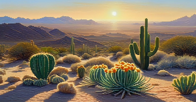 A peaceful desert scene at dawn with a blooming peyote cactus in the foreground and distant mountains in the background.