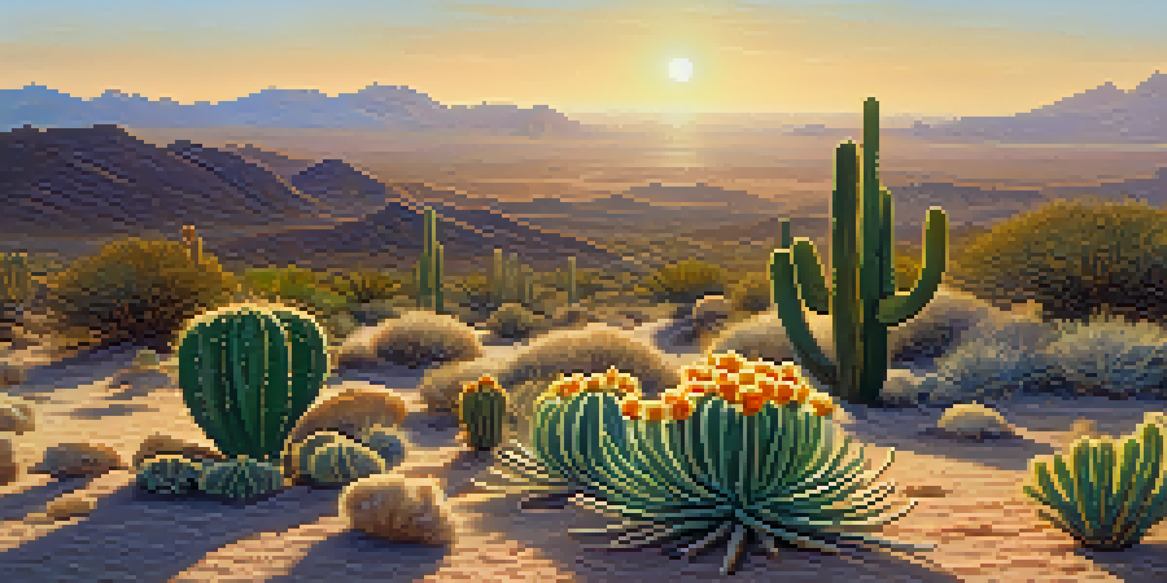 A peaceful desert scene at dawn with a blooming peyote cactus in the foreground and distant mountains in the background.