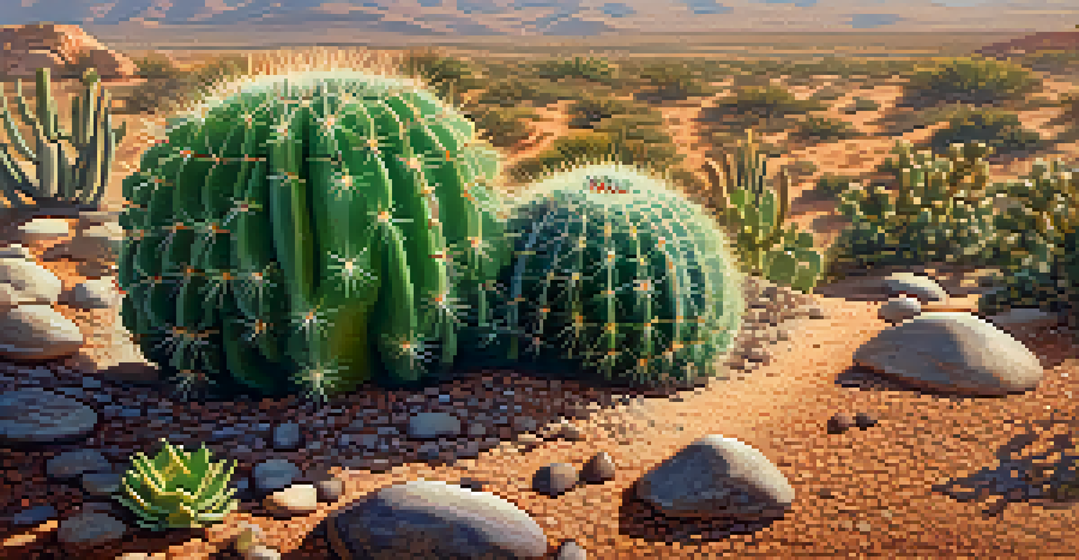 A close-up of a Peyote cactus showing its round shape and spines, with morning dew and soft sunlight enhancing its vibrant green color.