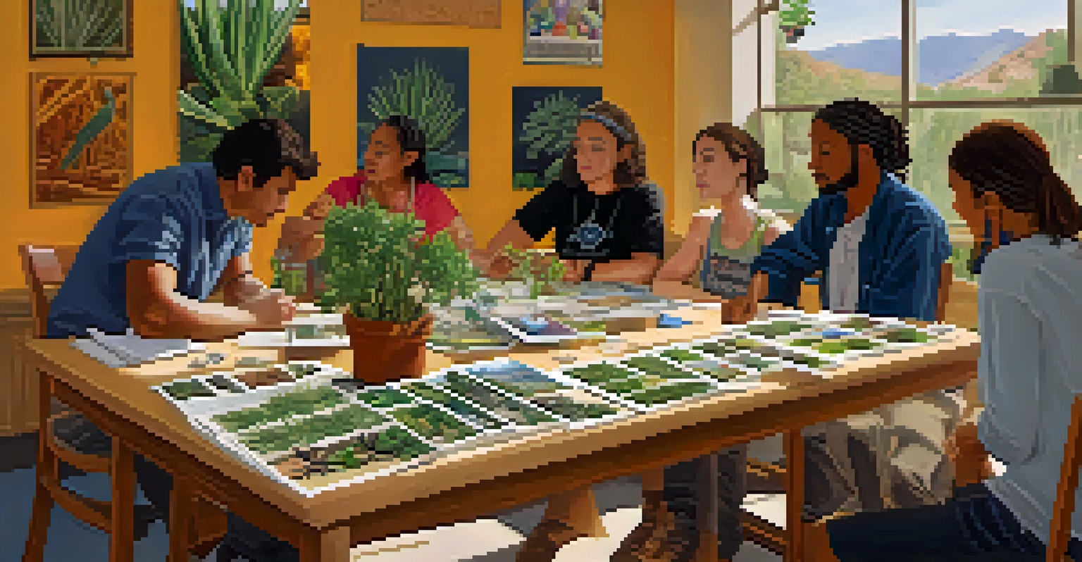 A diverse group of people in a workshop discussing peyote conservation, with plants and educational materials on display.