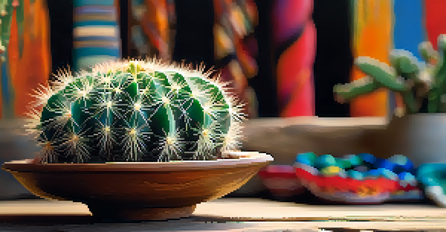 Close-up of a peyote cactus on a rustic wooden altar with traditional artifacts in soft natural light.