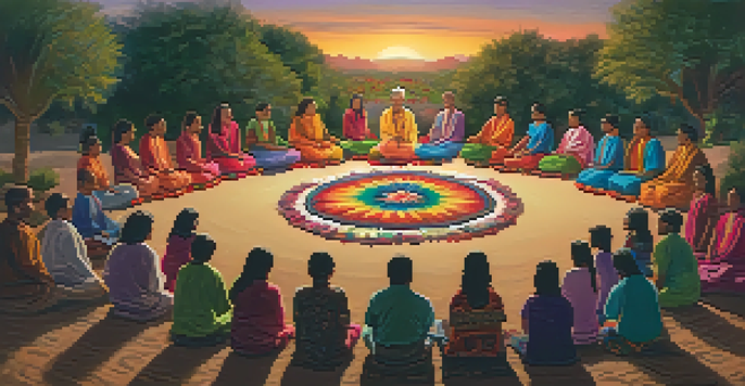 A peaceful scene of a peyote ceremony at dusk, featuring community members in a circle around a decorated altar, with warm lantern light illuminating their focused expressions.