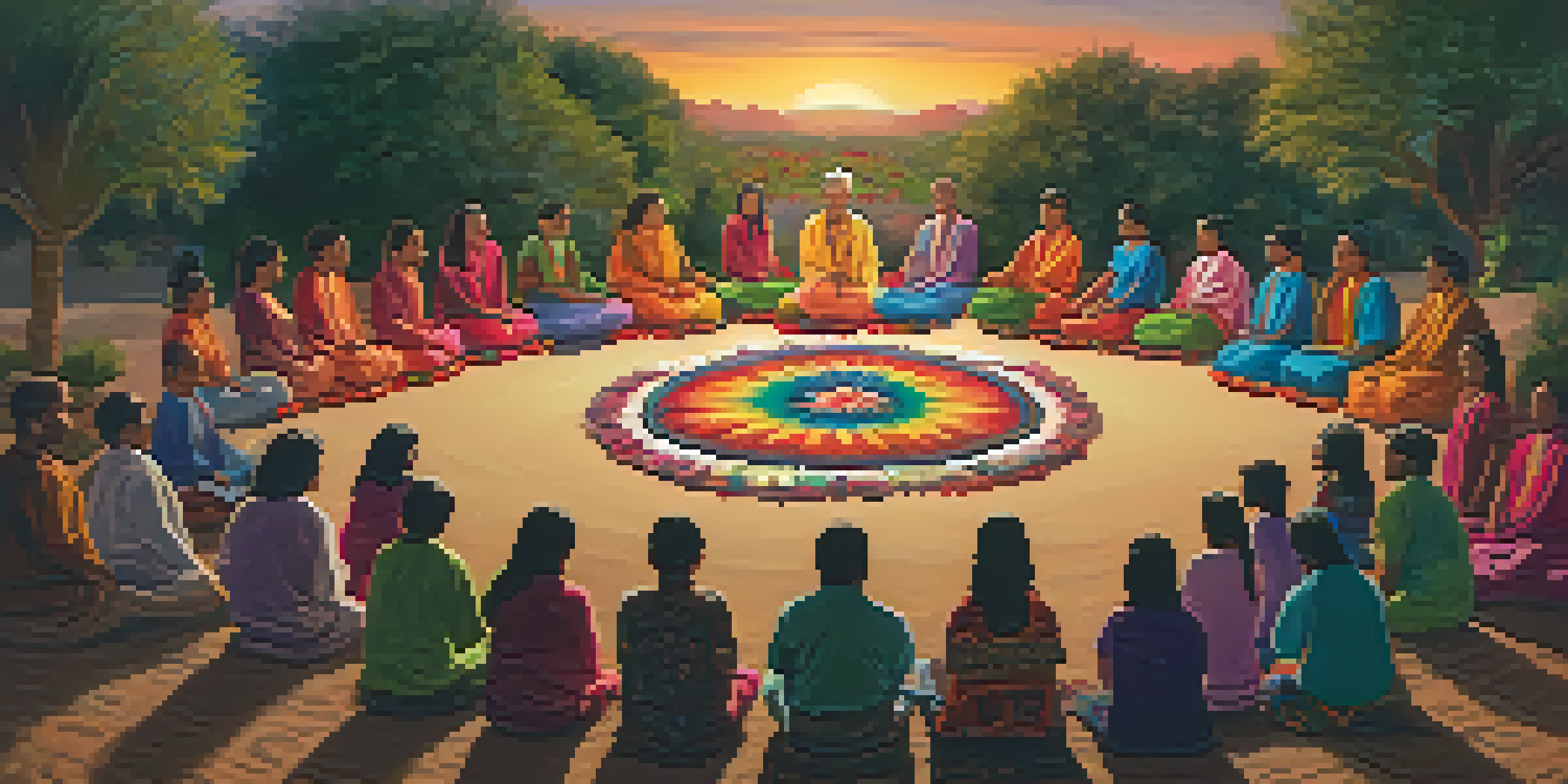 A peaceful scene of a peyote ceremony at dusk, featuring community members in a circle around a decorated altar, with warm lantern light illuminating their focused expressions.