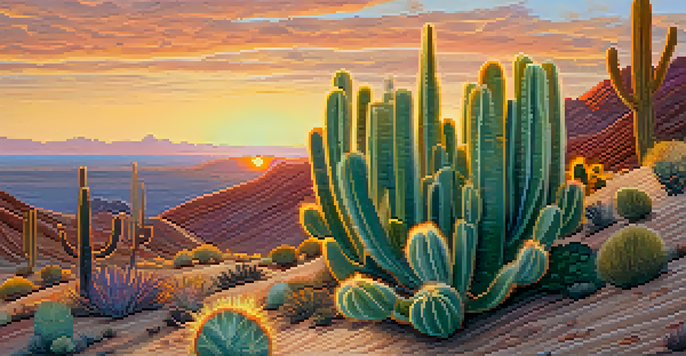 A colorful Peyote cactus in a desert landscape during sunset, with warm colors illuminating the scene.