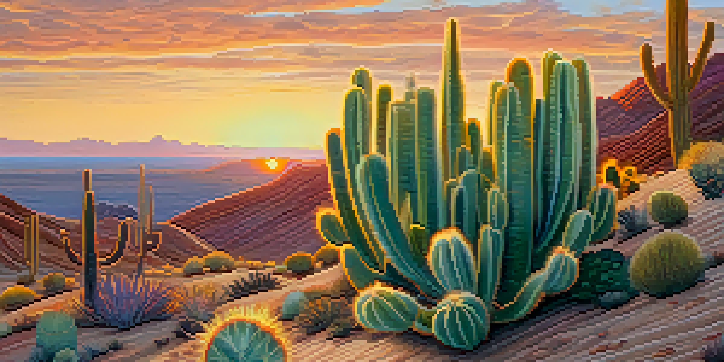 A colorful Peyote cactus in a desert landscape during sunset, with warm colors illuminating the scene.