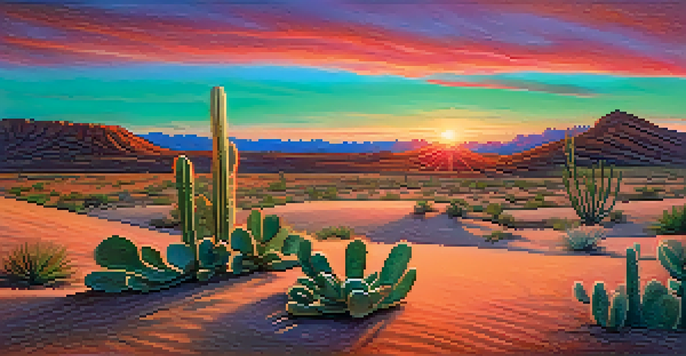 A tranquil desert scene with a small peyote cactus in the foreground and a colorful sunset sky.