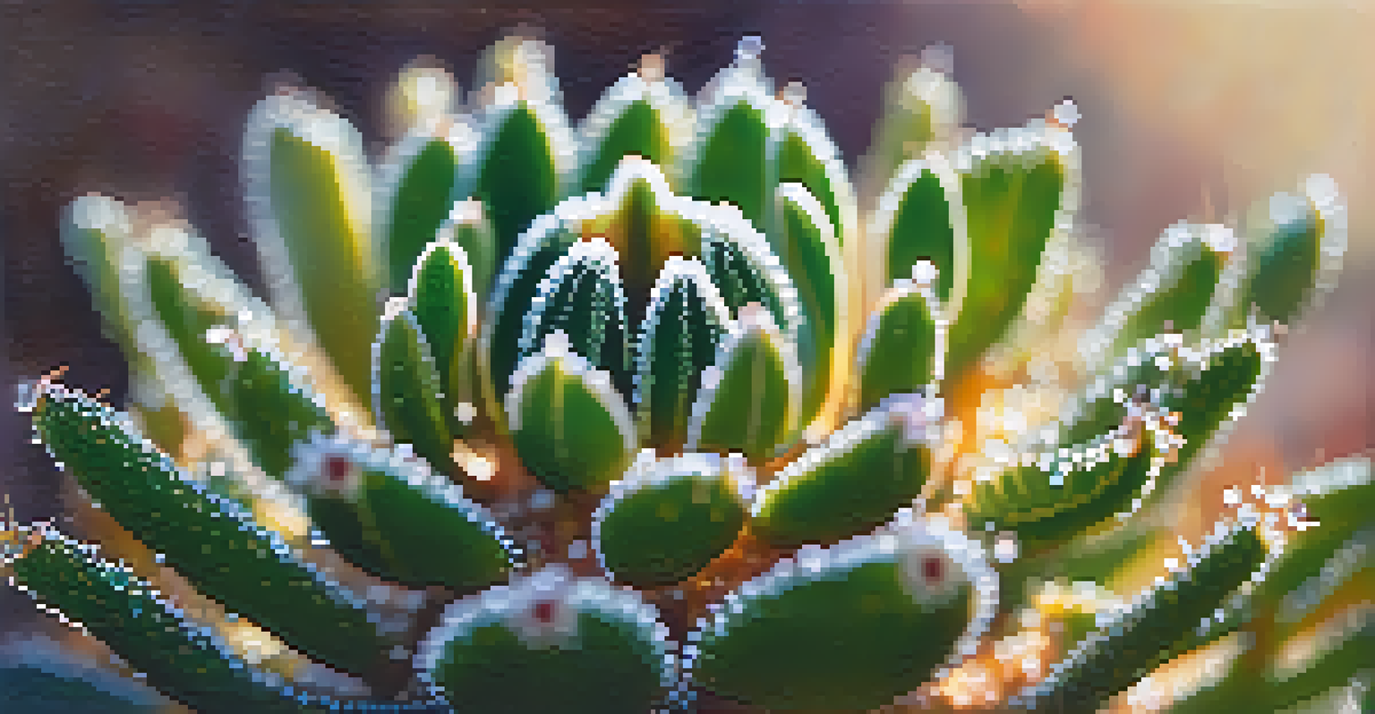 A close-up view of a peyote cactus with dew drops, highlighting its spines and bulbous shape, against a blurred background.