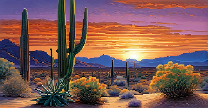 A desert landscape at sunset with a peyote cactus in the foreground, showcasing vibrant sky colors and surrounding flora.