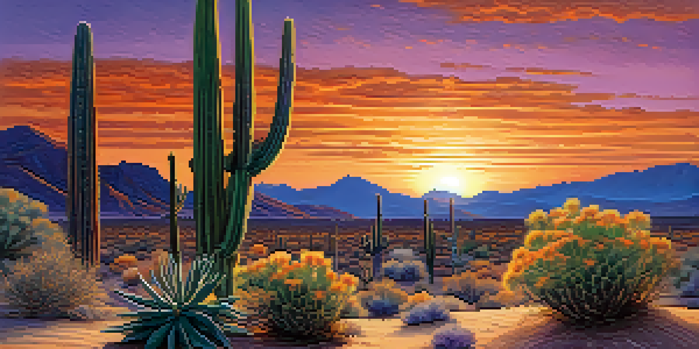 A desert landscape at sunset with a peyote cactus in the foreground, showcasing vibrant sky colors and surrounding flora.