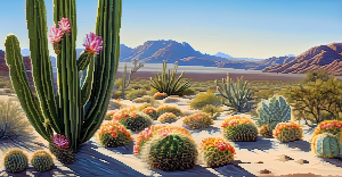 A vibrant peyote cactus in a desert landscape with golden sands and a clear blue sky.