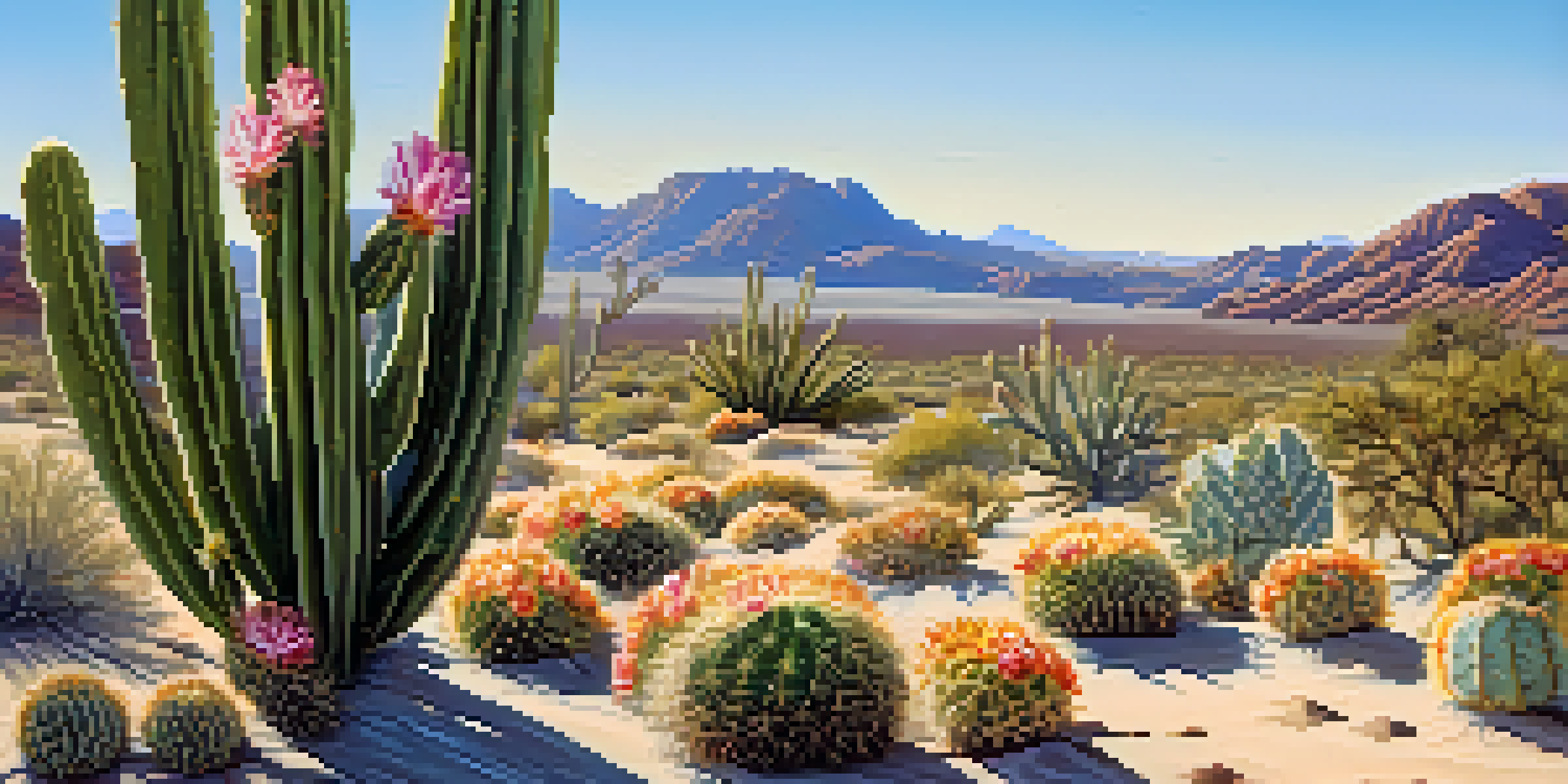 A vibrant peyote cactus in a desert landscape with golden sands and a clear blue sky.