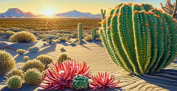 A detailed close-up of a peyote cactus in a desert setting, illuminated by warm sunlight, with colorful wildflowers in the foreground.