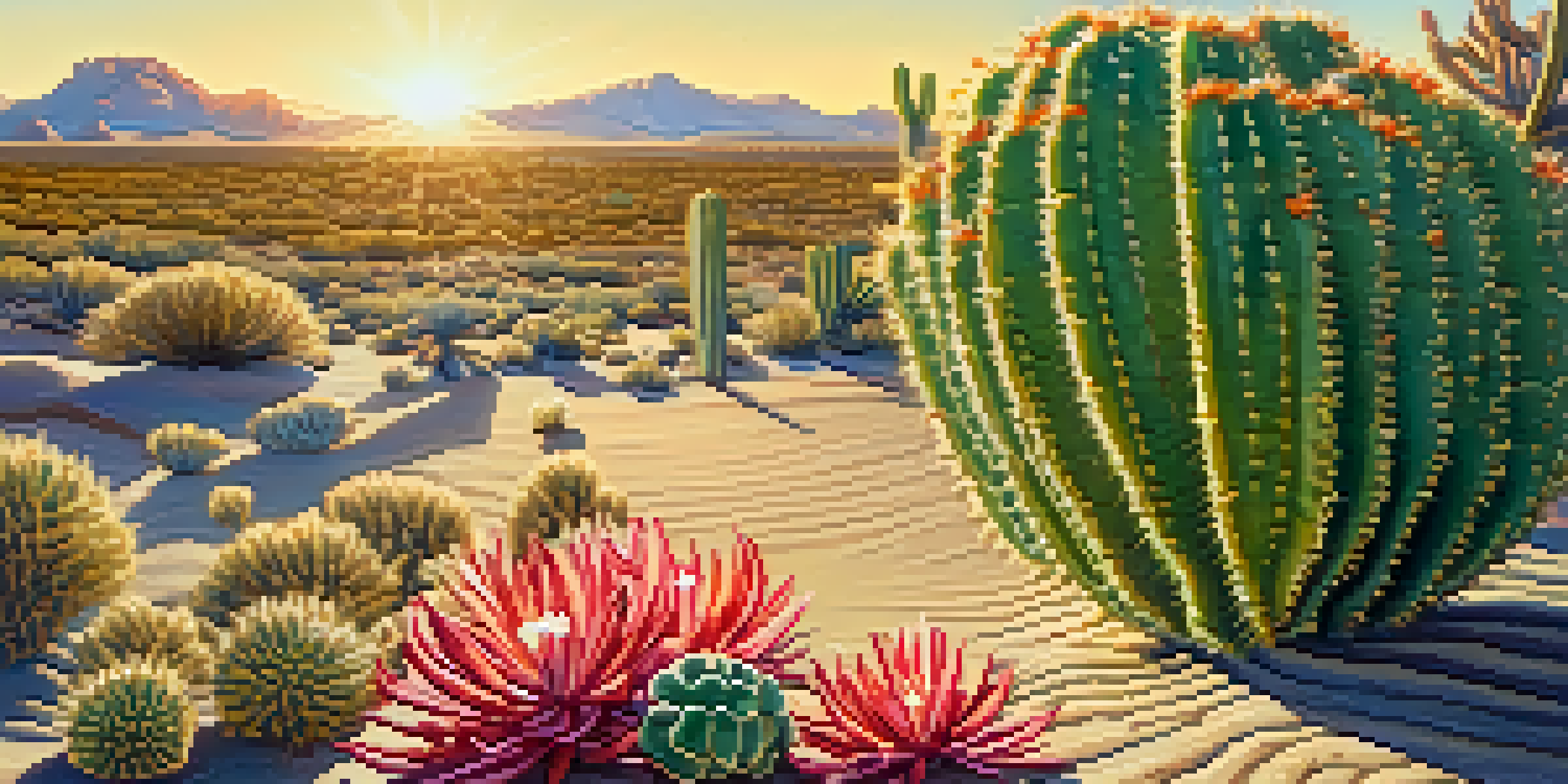 A detailed close-up of a peyote cactus in a desert setting, illuminated by warm sunlight, with colorful wildflowers in the foreground.