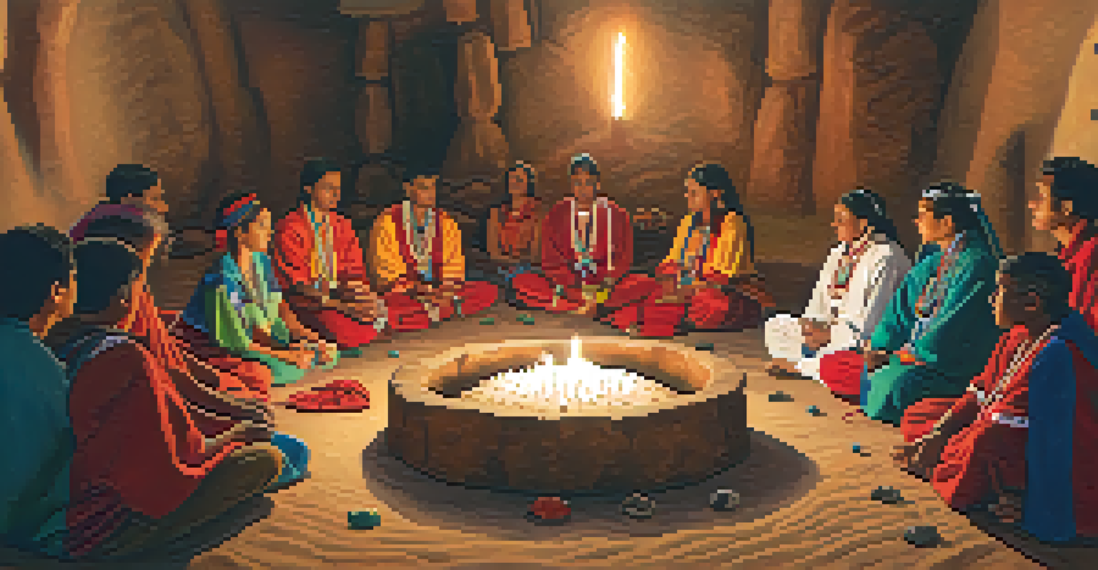 An Indigenous ceremony with participants sitting in a circle around a peyote cactus, surrounded by candles and natural elements, in a warm lighted setting.