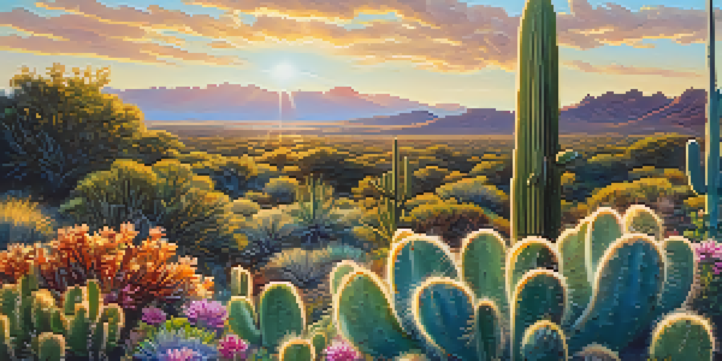 A Peyote cactus surrounded by colorful wildflowers and greenery under a bright sky, illuminated by warm sunlight.