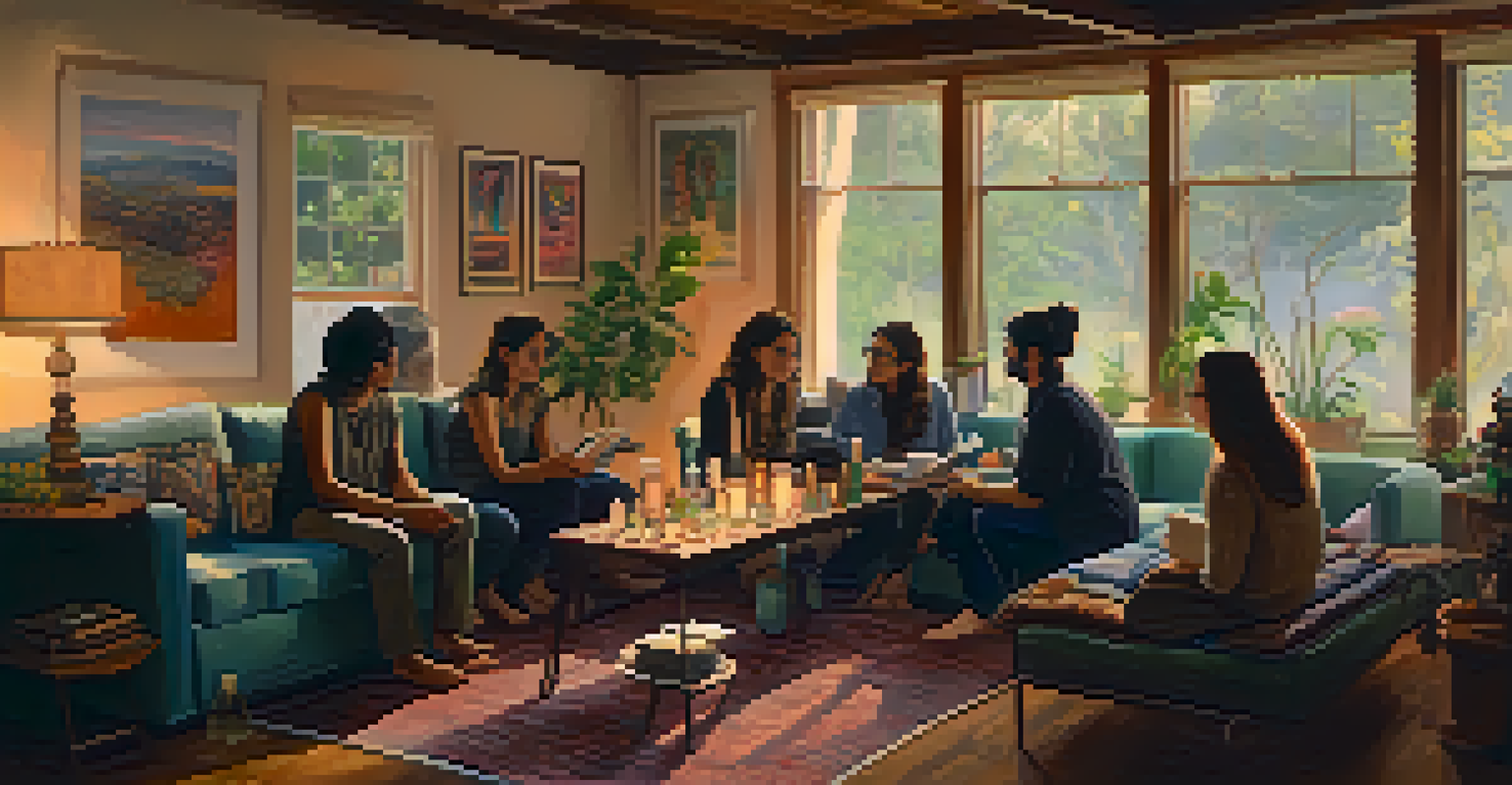 A cozy room filled with people sharing their experiences, surrounded by art supplies and warm lighting.