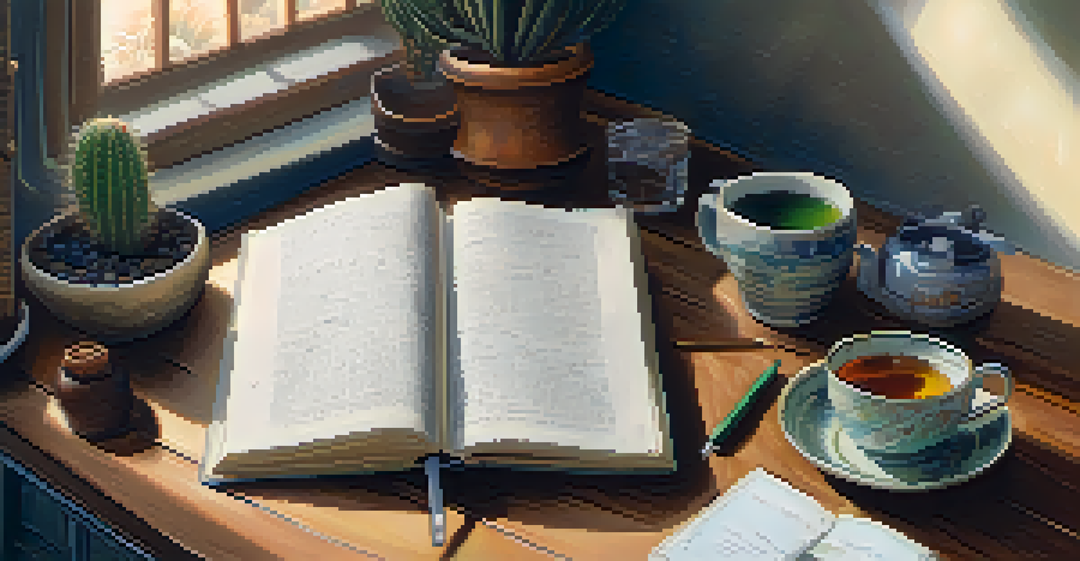 A close-up of a person journaling about emotional healing in a cozy room, with a Peyote cactus and a cup of tea nearby.