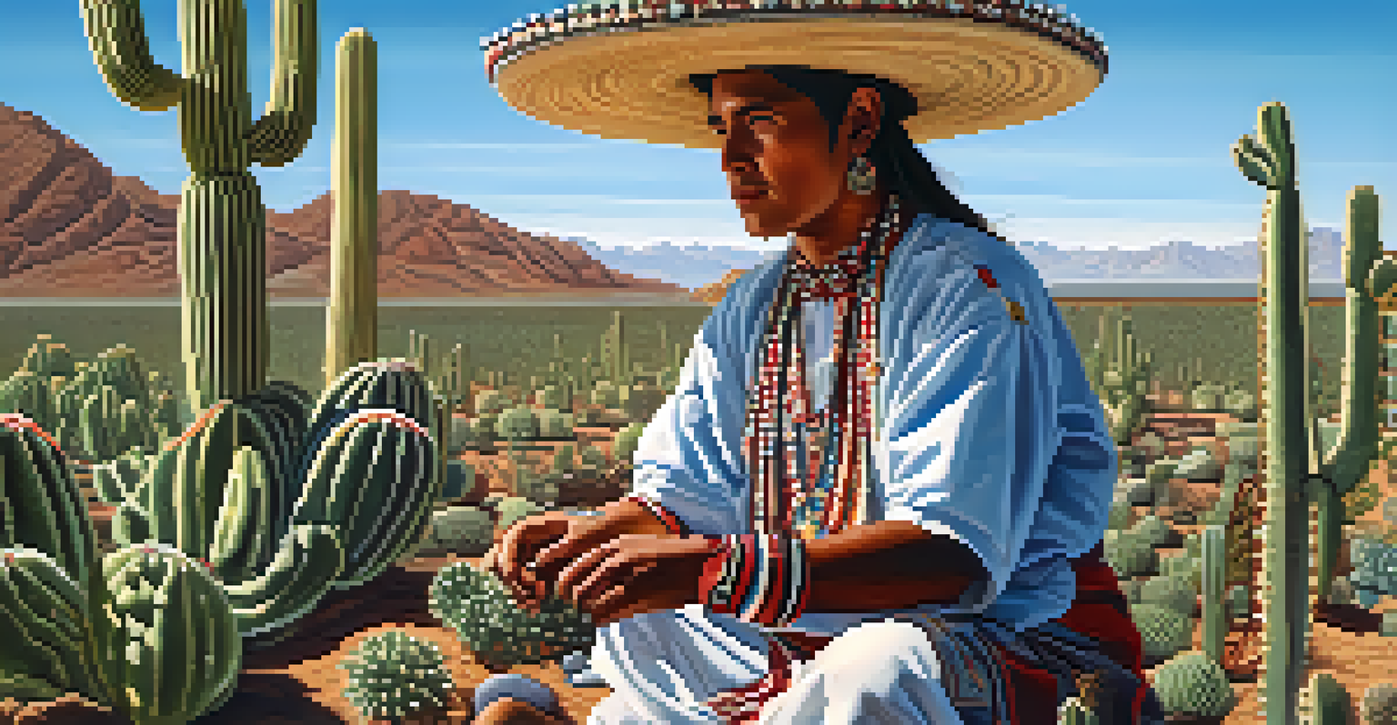 An indigenous individual in traditional attire harvesting peyote under a clear blue sky.