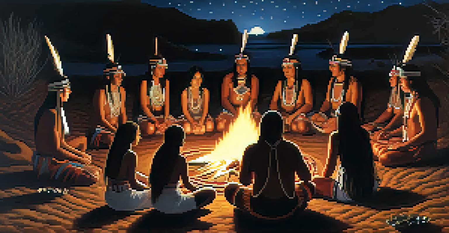 A traditional Native American ceremony with individuals in cultural attire gathered around a fire under a starry sky, symbolizing spiritual connection.
