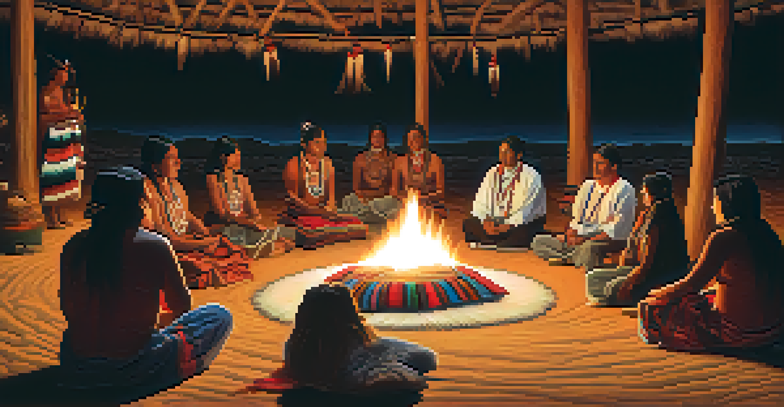 A group of Indigenous participants seated in a circle around a fire during a traditional peyote ceremony, with ceremonial items and blankets around them.
