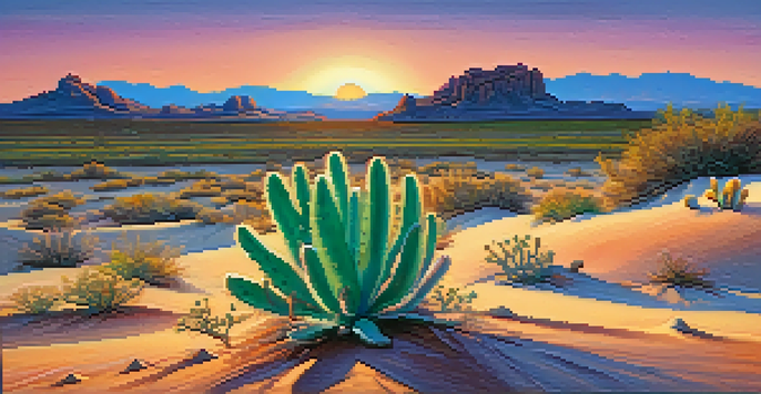 A tranquil desert scene with a peyote cactus at sunset, showcasing vibrant colors in the sky and soft shadows on the ground.