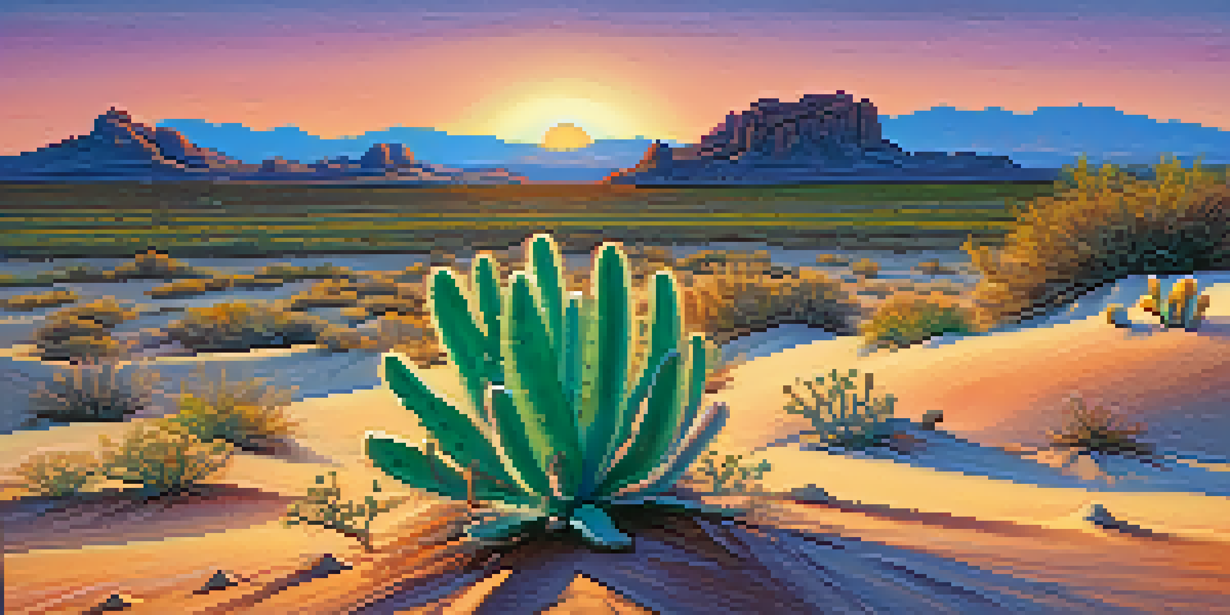 A tranquil desert scene with a peyote cactus at sunset, showcasing vibrant colors in the sky and soft shadows on the ground.