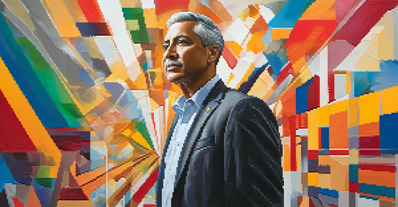 An abstract depiction of a confident leader with colorful shapes in the background, symbolizing creativity and innovation.