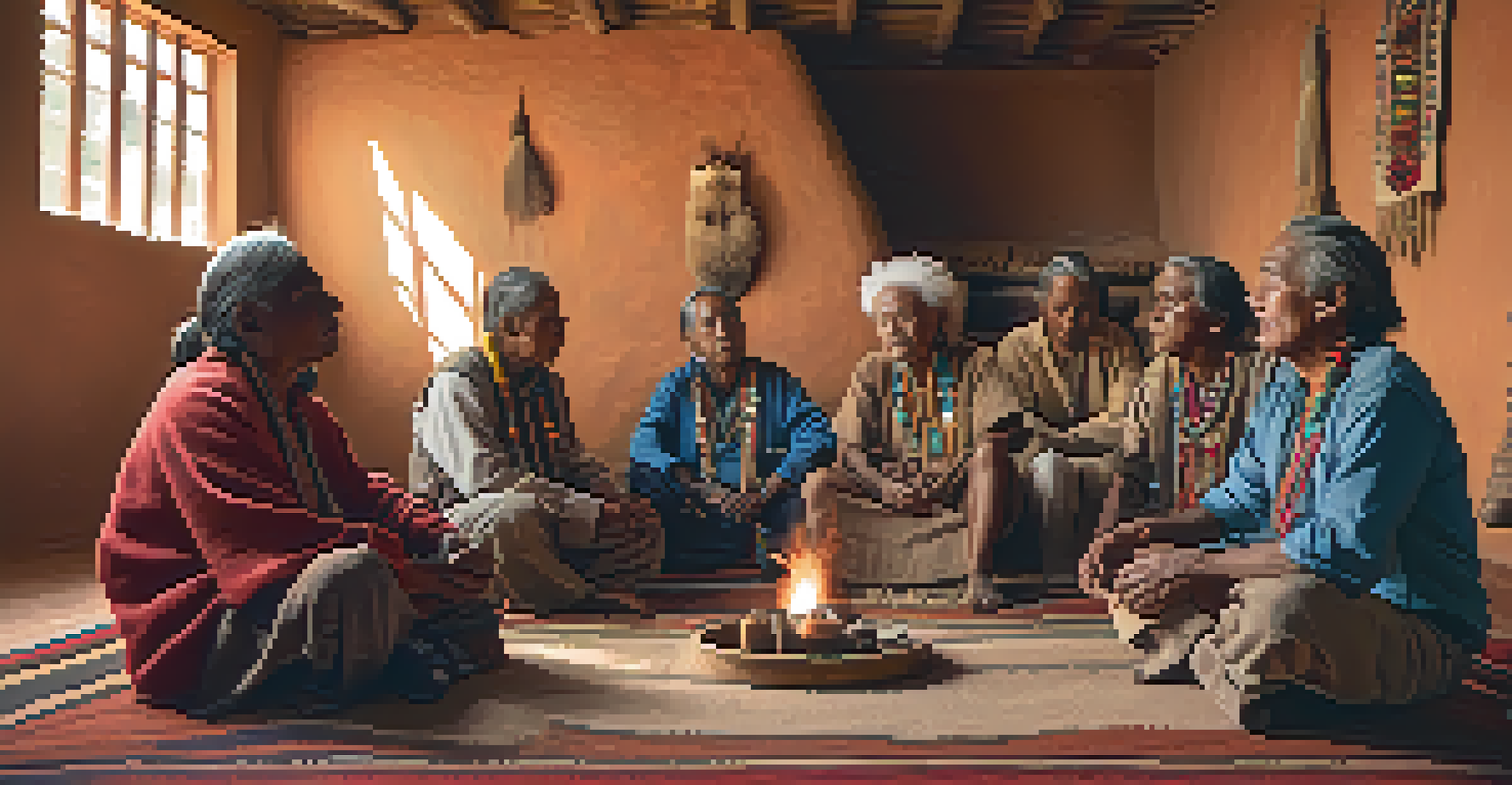 Indigenous elders sharing stories and songs during a peyote ceremony in a cozy room, illuminated by warm light.