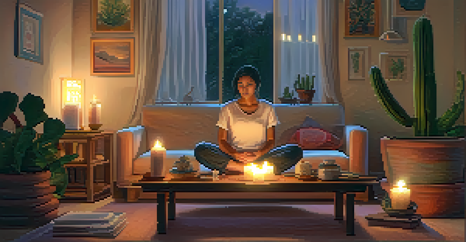 A cozy therapeutic room with soft lighting, cushions, and plants, featuring a person sitting cross-legged and a peyote cactus on a table.