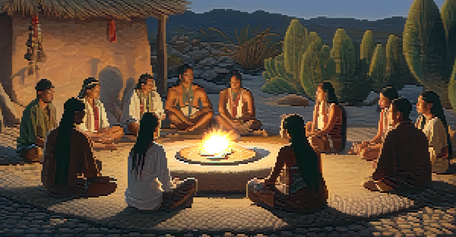 An intimate peyote ceremony setting with people sitting around a fire, sharing stories.